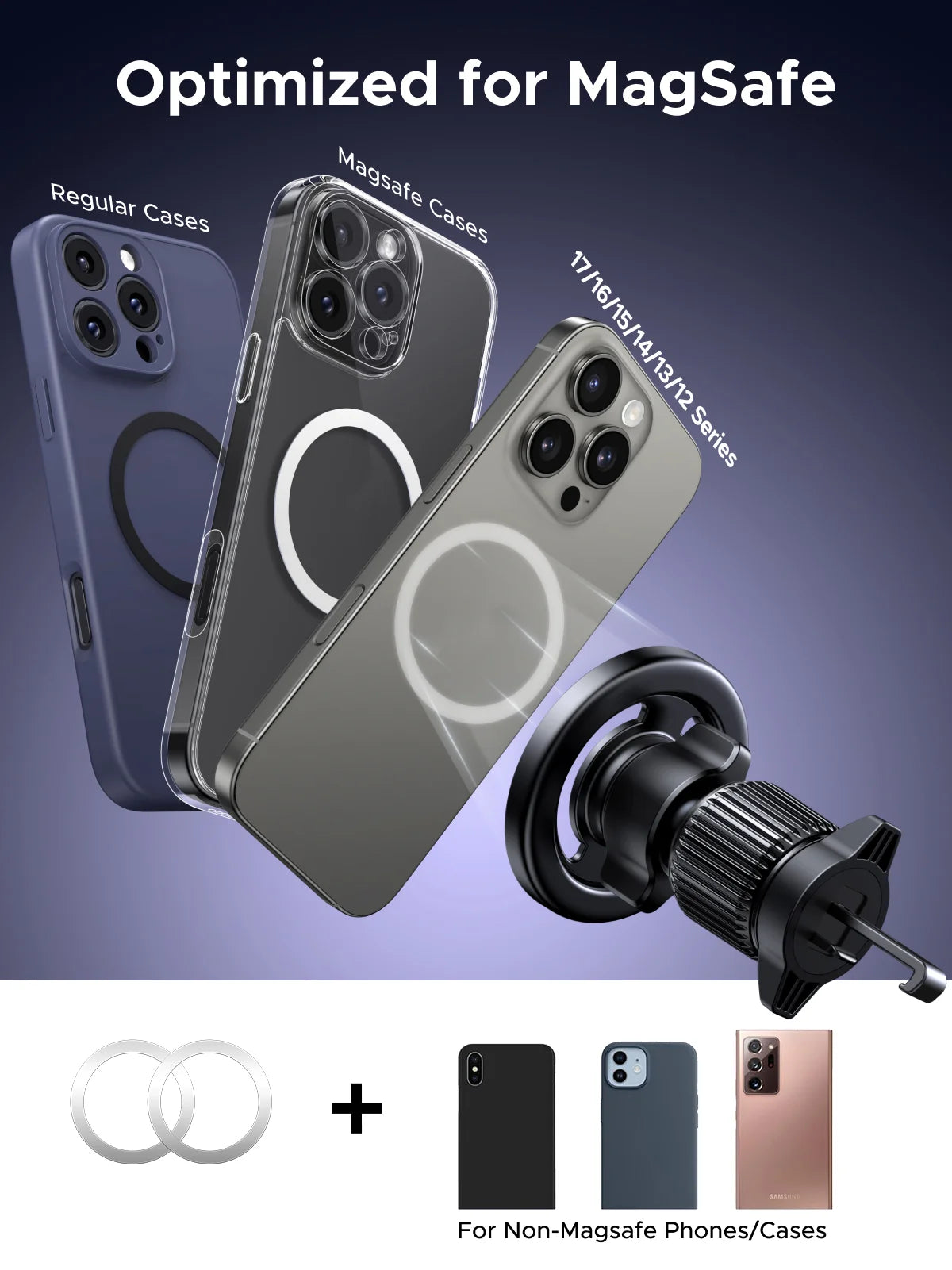 Magnetic car phone mount optimized for MagSafe phones and cases, shown with various phone models.