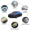 Diagram showing the features of an all-weather waterproof car cover including sunroof protection, rainproof, snowproof, dustp