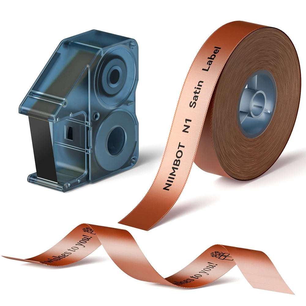 A roll of satin ribbon labels for a Niimbot N1 label printer