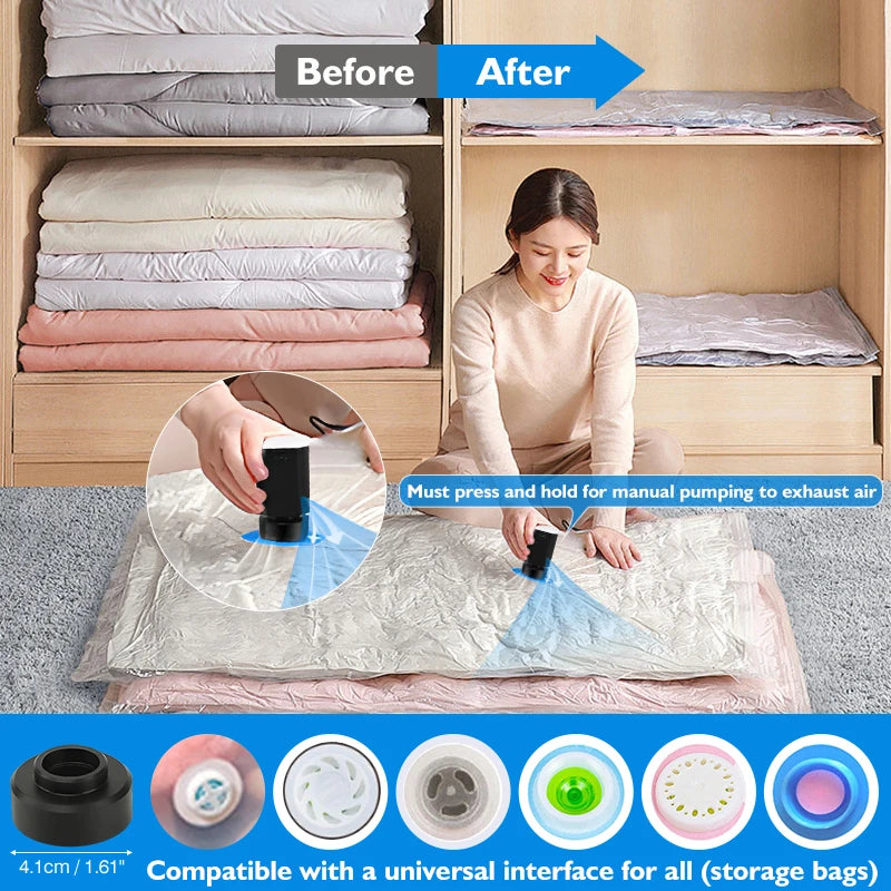 Cordless reusable vacuum storage bags with electric pump and Type-C charging for storage.