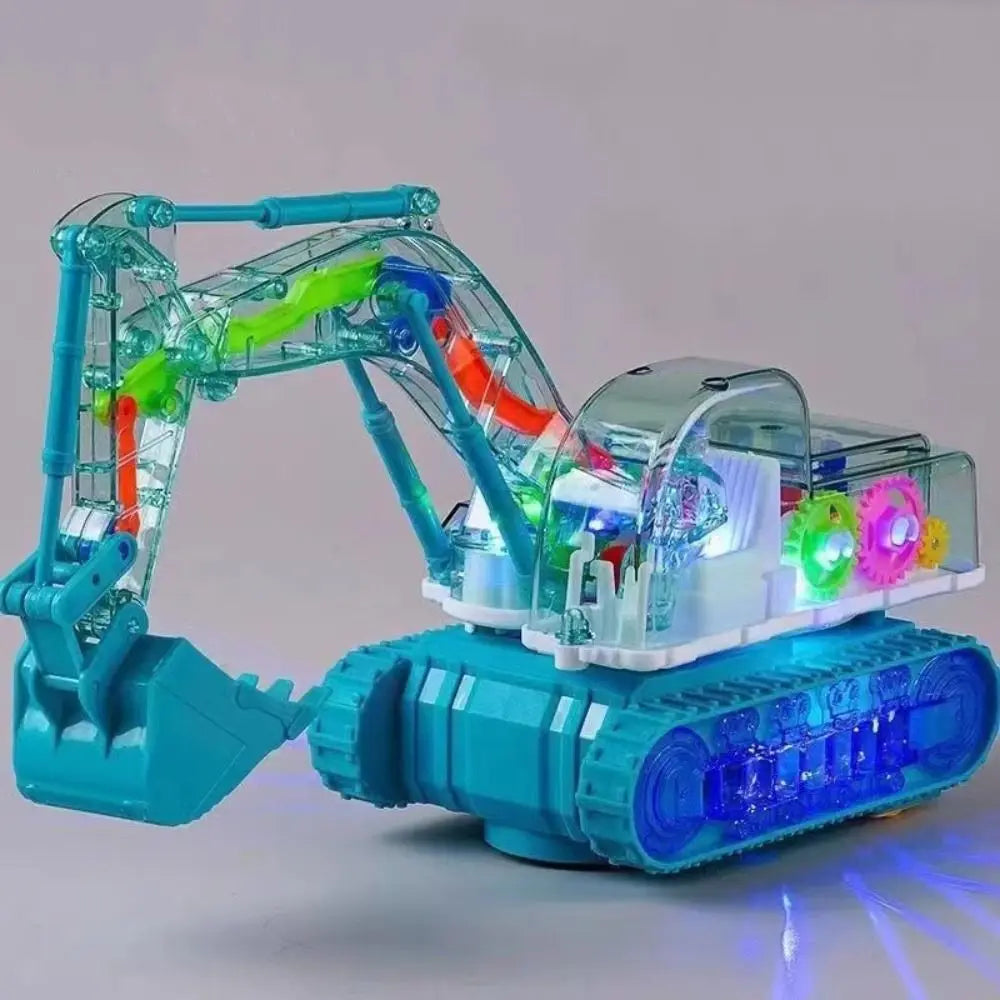 A transparent gear excavator toy with green and orange components and blue LED lights.