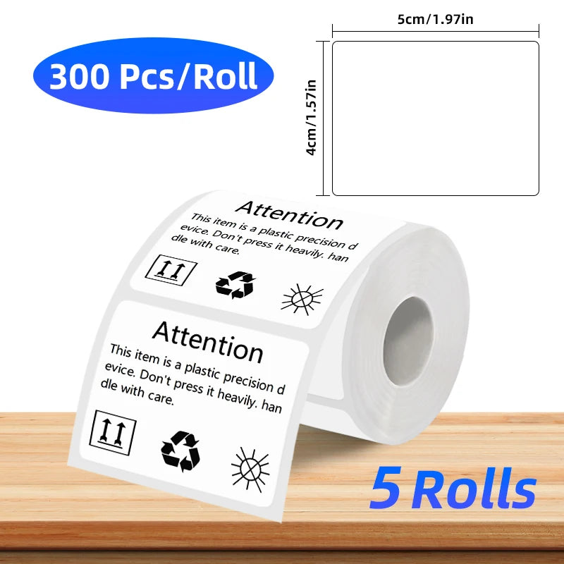 Roll of white thermal label paper with a 5cm width and 4cm height shown next to a box indicating 300 pieces per roll.