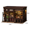A detailed wooden dollhouse miniature assembly kit featuring a shop facade with glass windows and LED lighting.