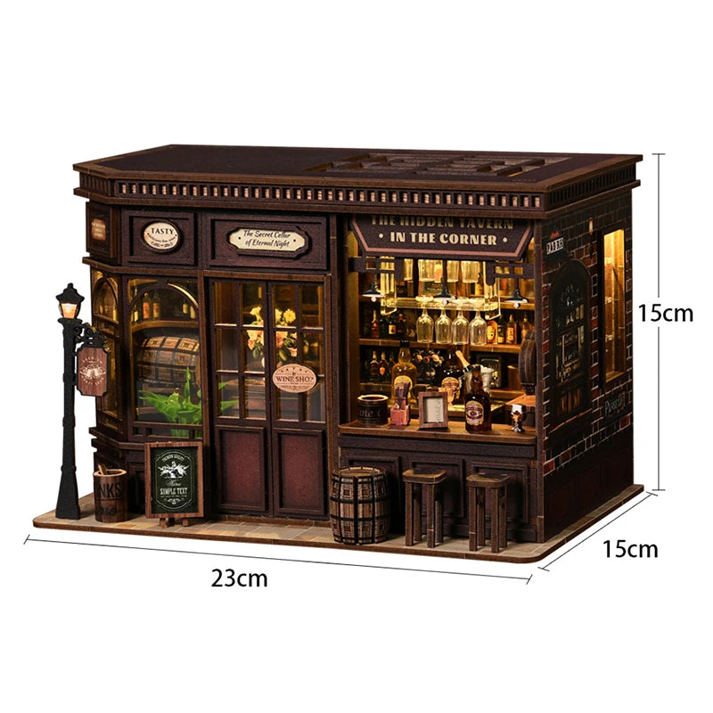 A detailed wooden dollhouse miniature assembly kit featuring a shop facade with glass windows and LED lighting.