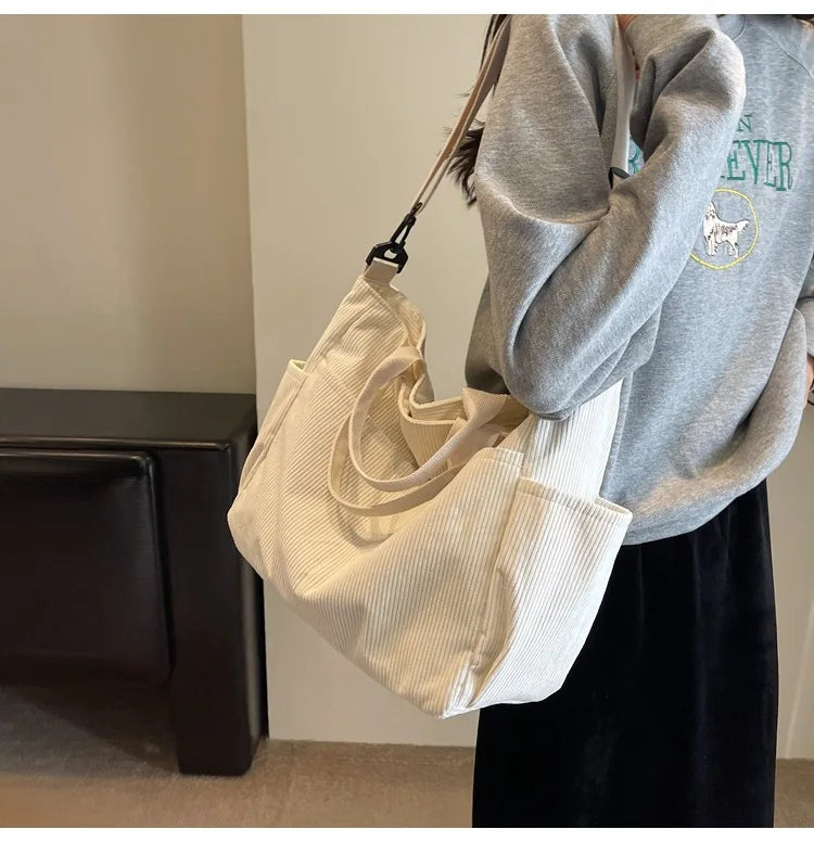 Multi-Pocket Corduroy Tote Bag – Large Capacity Casual Satchel for Travel, Work & Commute