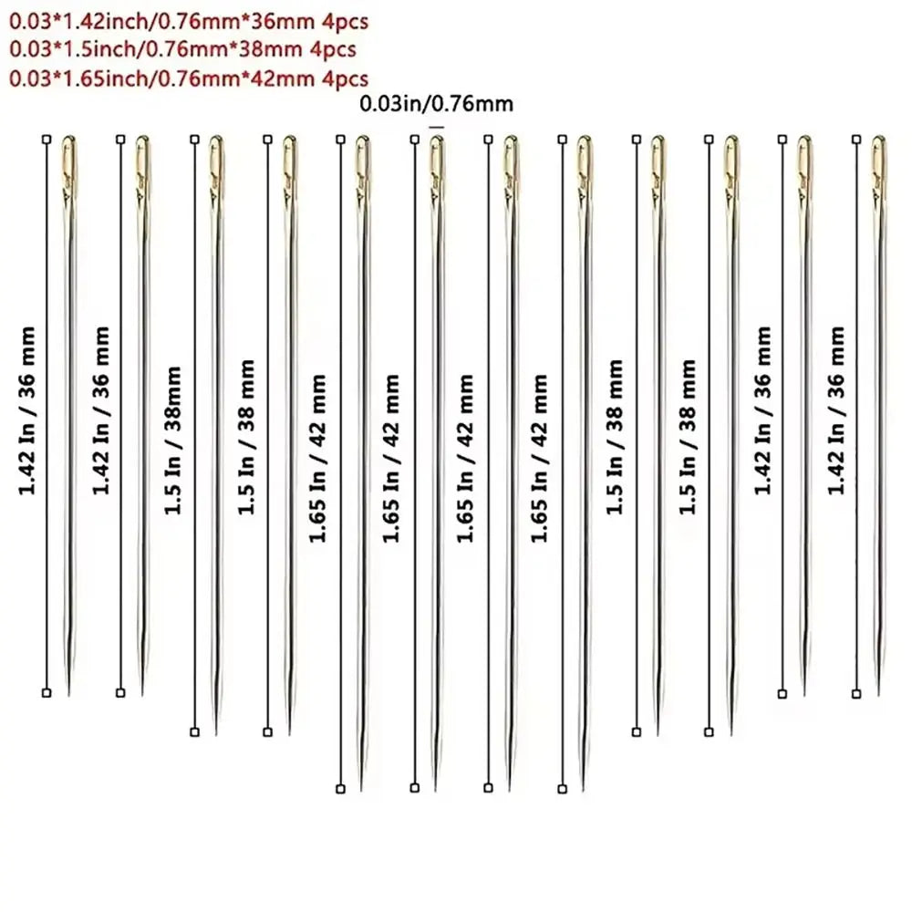 A set of self-threading sewing needles in various sizes, including 1.42 inch and 1.5 inch needles.