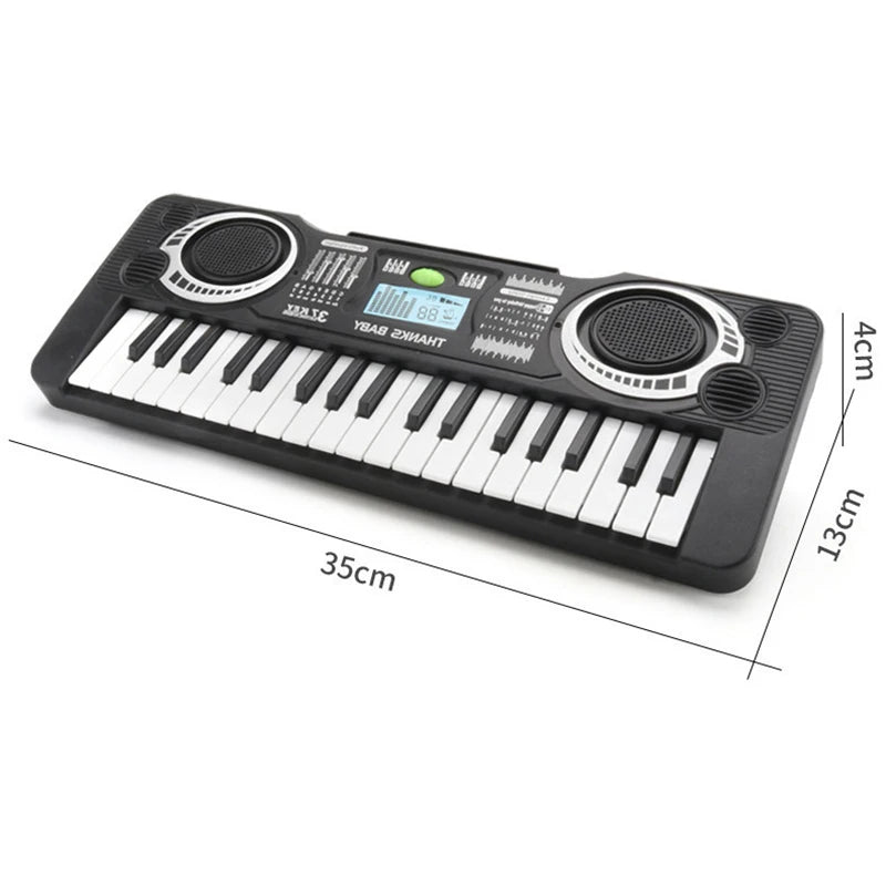 A black 37-key electronic piano with an LED display and microphone for kids, shown from the side.