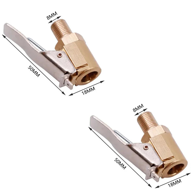 Brass tire inflator chuck with clip-on valve connector showing various sizes and dimensions.