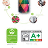 Material details showing features like waterproof finish, eco-friendly printing, and greenguard certification for a self-adhe