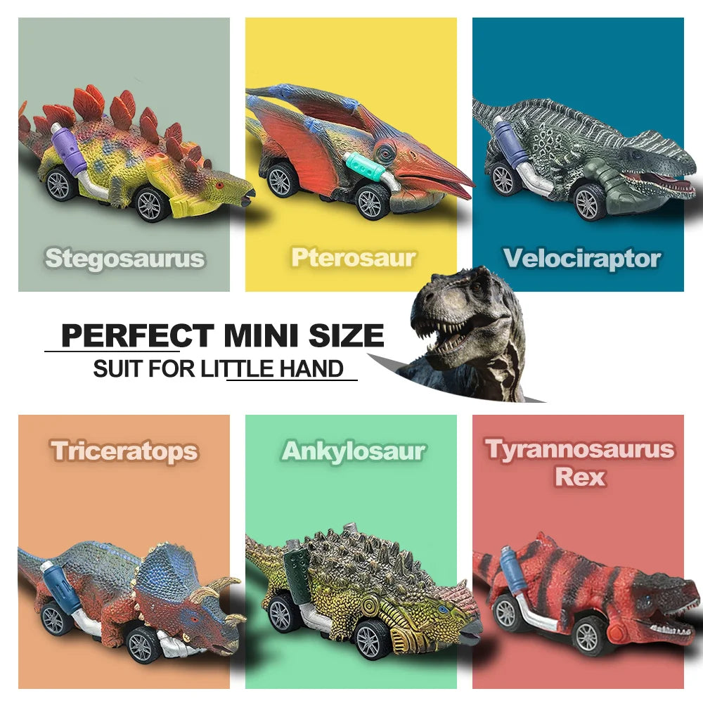 A set of six dinosaur pull-back toy cars, including Stegosaurus, Pterosaur, Velociraptor, Triceratops, Ankylosaurus, and Tyra