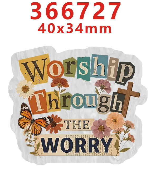 A white acrylic hair bow decoration featuring text that reads Worship Through The Worry with floral and cross elements.