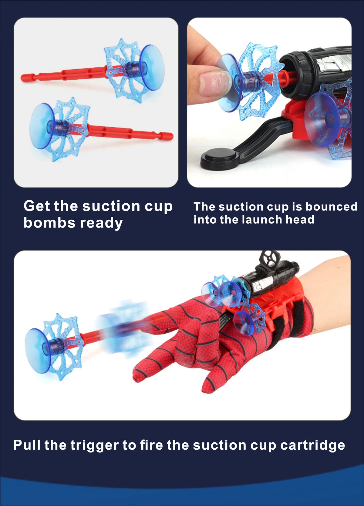 Eine Hand mit roter Handschuh zieht einen Abzug, um eine Saugnapfpatrone aus einem Startkopf zu feuern.