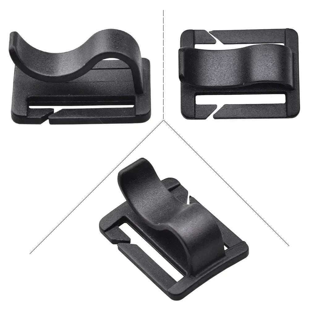 Black rotatable hydration tube clip designed for securing water bottles to backpacks