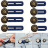 A set of adjustable metal jeans button extenders in gold and blue for widening waistbands.