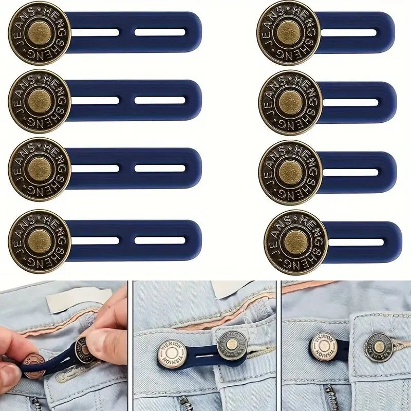 A set of adjustable metal jeans button extenders in gold and blue for widening waistbands.