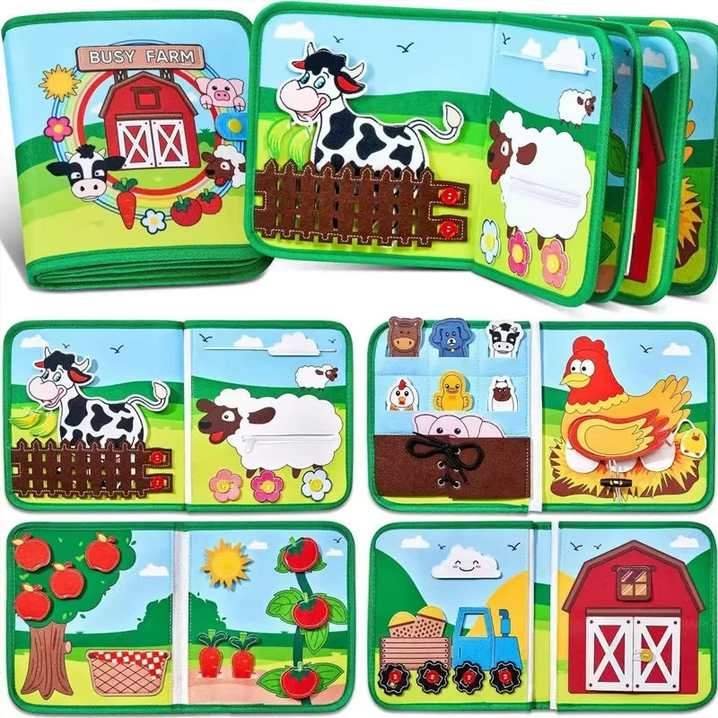 A set of colorful Montessori farm animal busy books featuring various animals and farm scenes for toddlers.