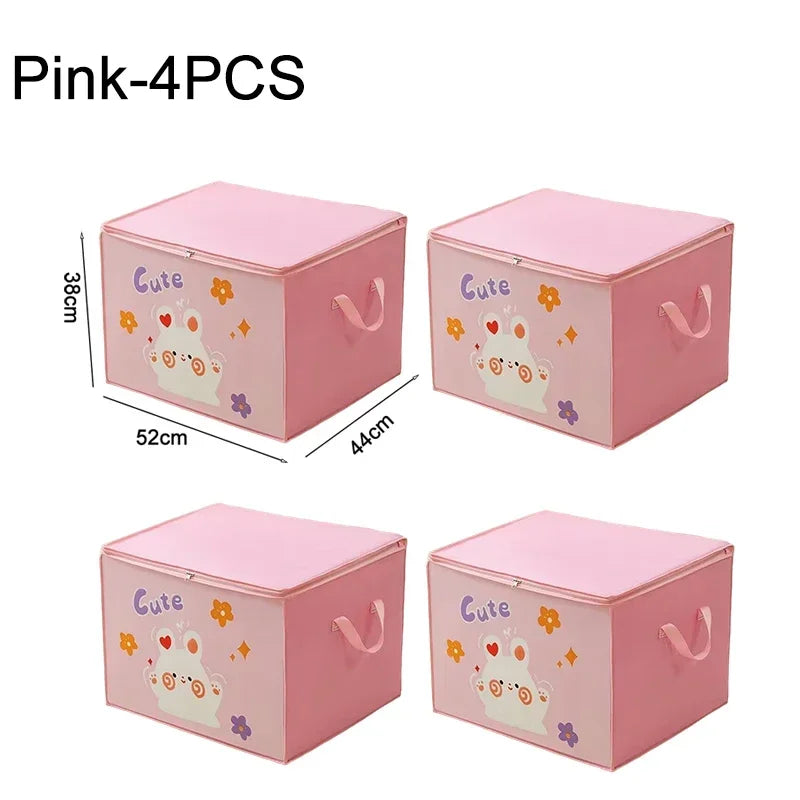 Four pink storage boxes with cute animal designs for folding clothes and quilts