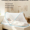 A fully wrapped foldable mosquito net is shown covering a person lying on a bed.
