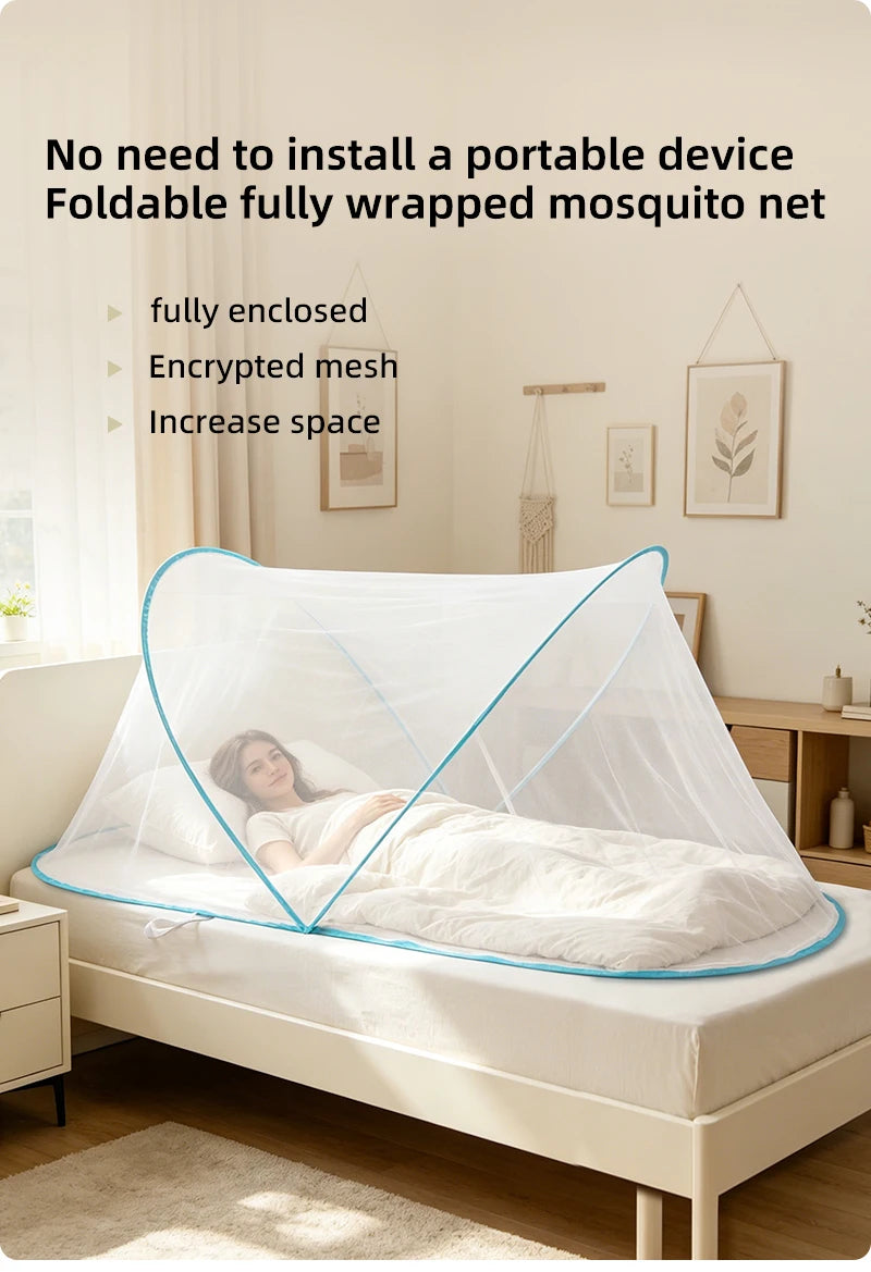 A fully wrapped foldable mosquito net is shown covering a person lying on a bed.