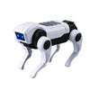 A white and black interactive remote control robot dog with a rectangular body and visible blue eyes.