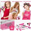 A pink makeup kit for kids includes a hair curling iron, accessories, and a dryer for pretend beauty salon play.