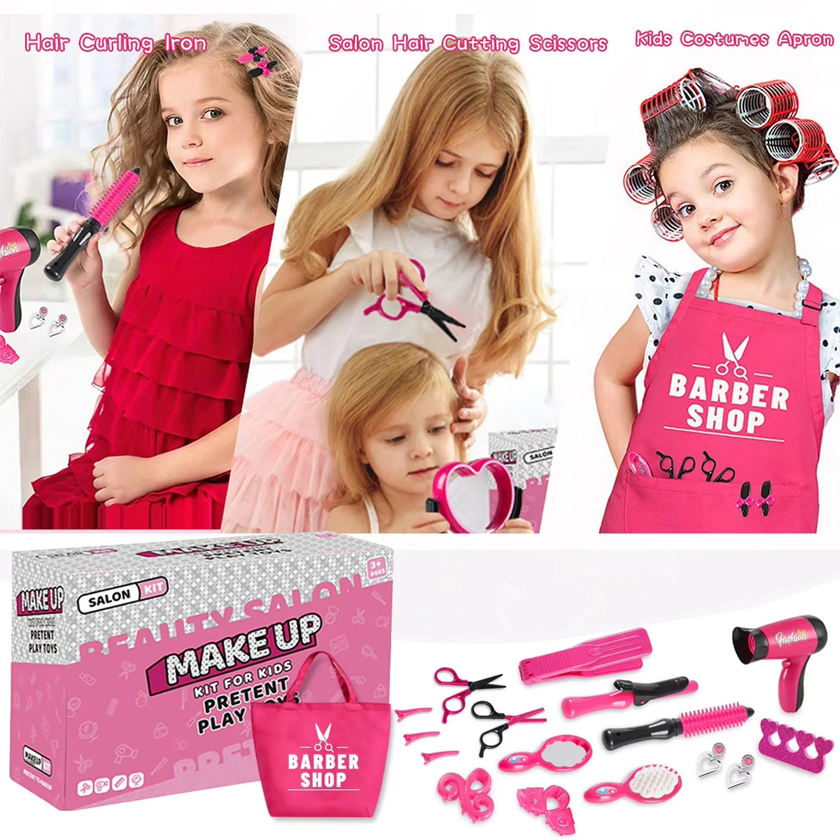 A pink makeup kit for kids includes a hair curling iron, accessories, and a dryer for pretend beauty salon play.