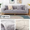 Light grey velvet sofa cushion covers displayed on a sofa and close-up texture shots.