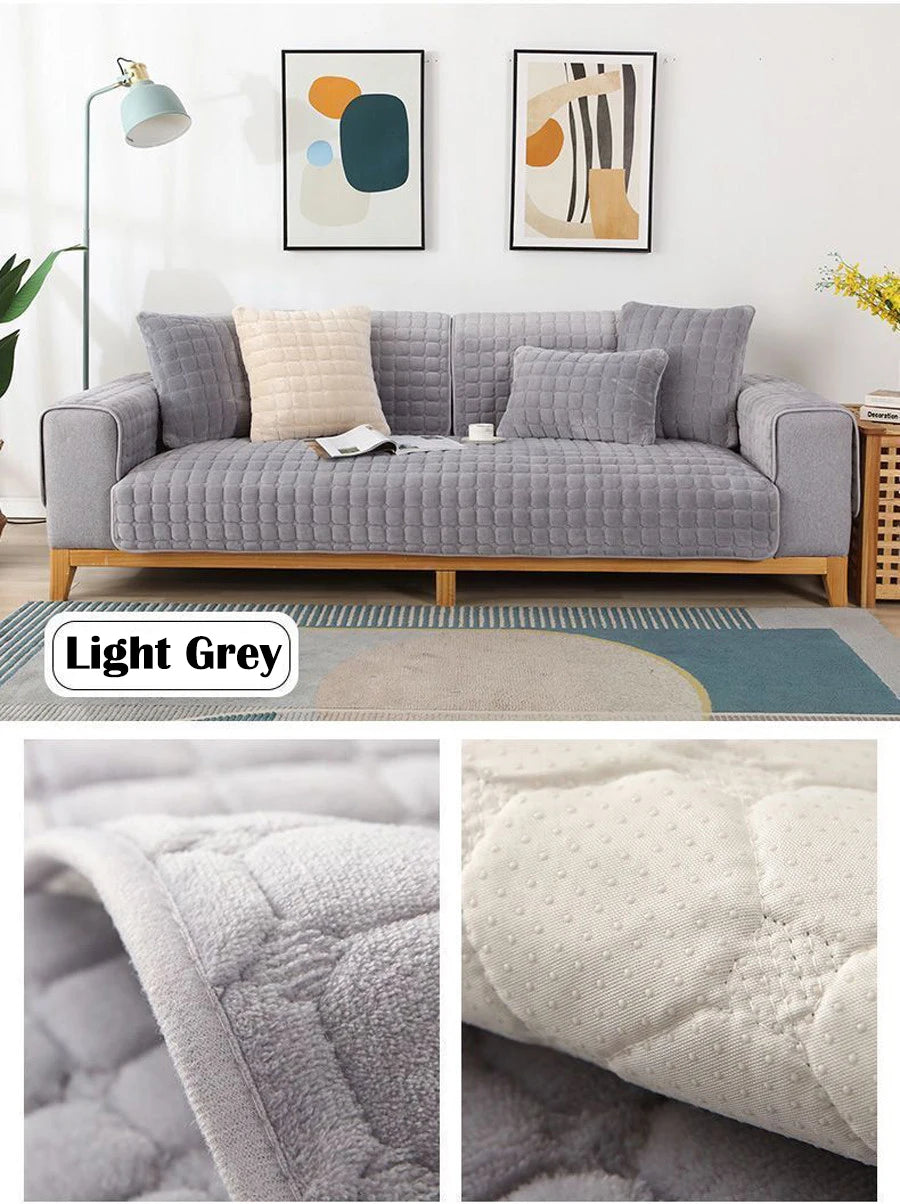 Light grey velvet sofa cushion covers displayed on a sofa and close-up texture shots.