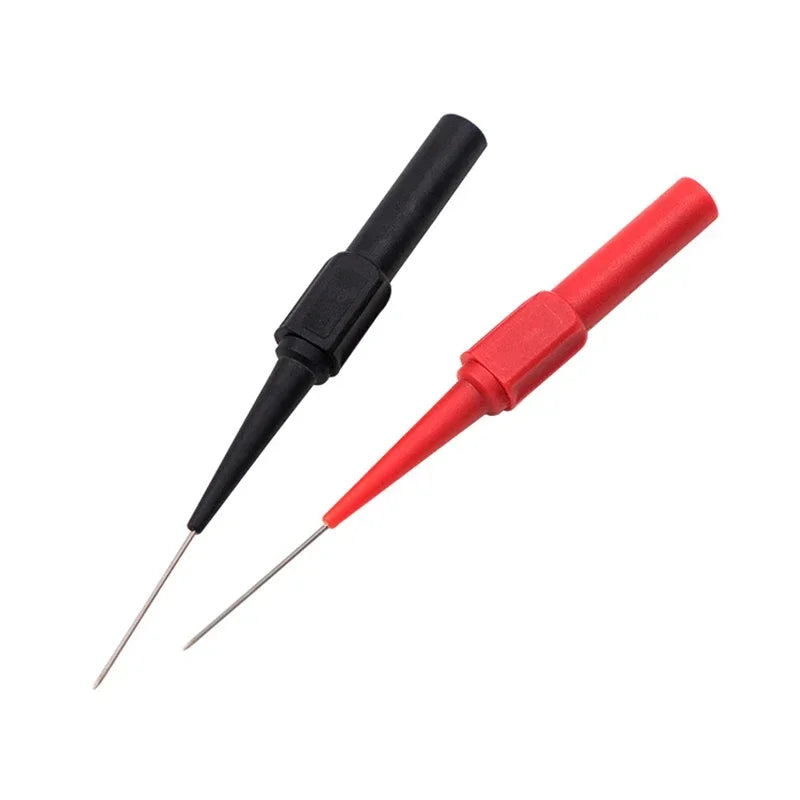 A set of ten multimeter back-piercing test probes with black and red plastic bodies and needle tips.
