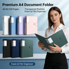 A woman holds a premium A4 document folder organizer with transparent pockets and file dividers.