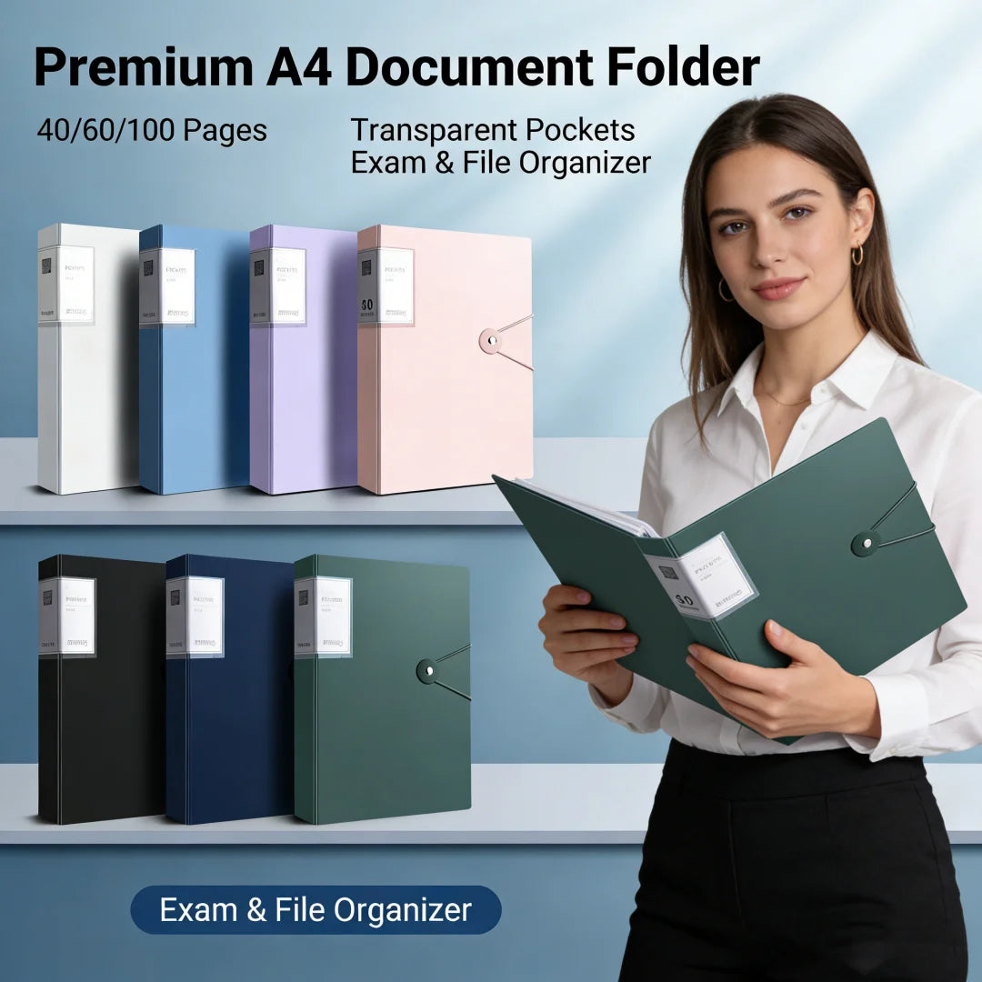 A woman holds a premium A4 document folder organizer with transparent pockets and file dividers.