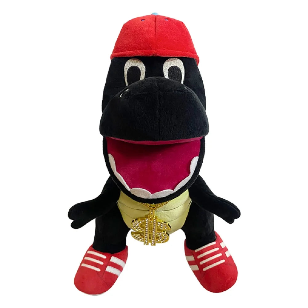 A plush toy of Jeffy featuring a red hat, black face, and yellow accents.