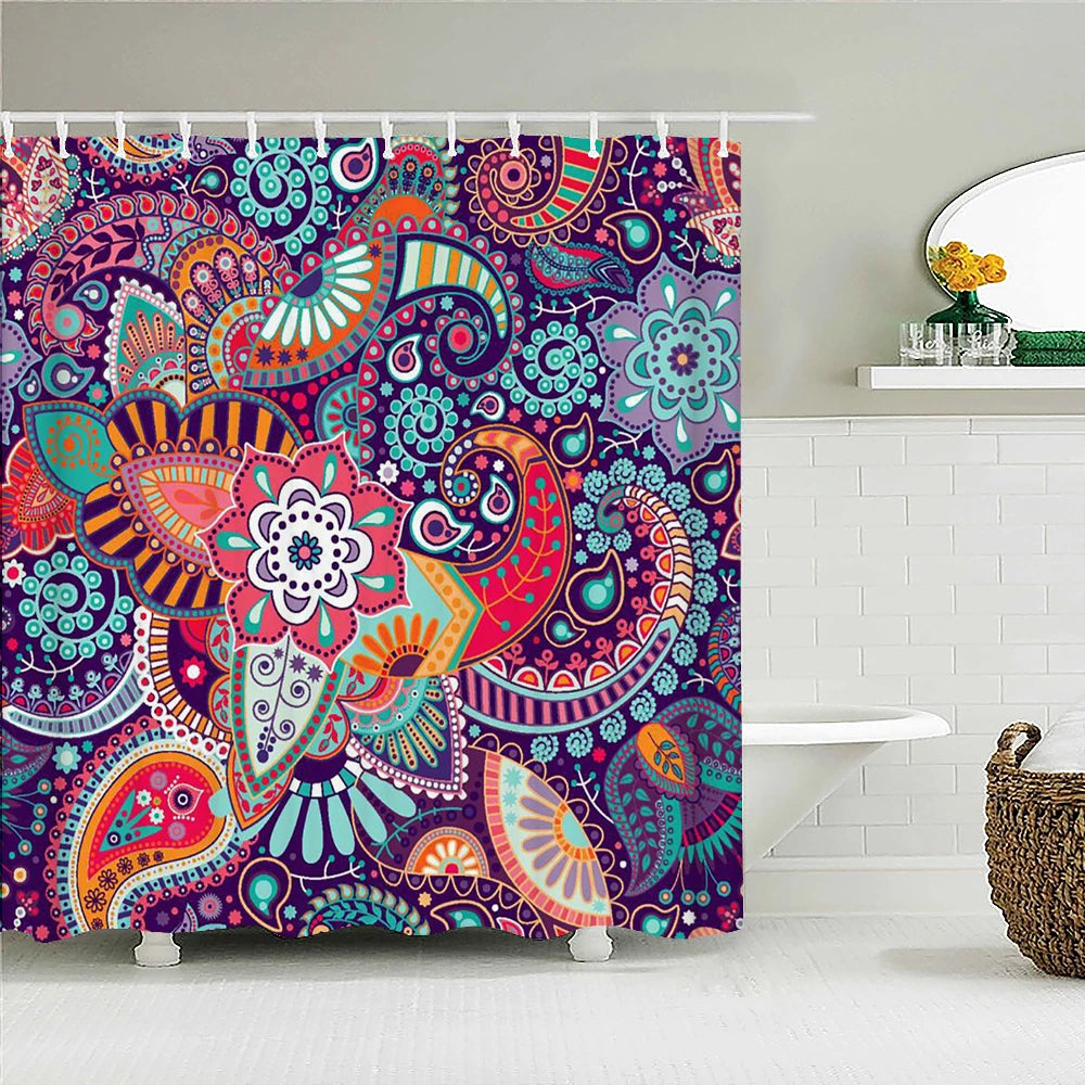 Mandala Boho Shower Curtain with Floral Print