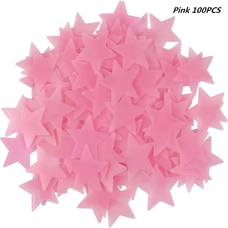 A pile of pink glow-in-the-dark 3D star wall stickers for kids' rooms and bedrooms.