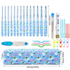 Ergonomic crochet hook set with blue bee design featuring various sizes from 2.0 to 10.0mm and a storage pouch