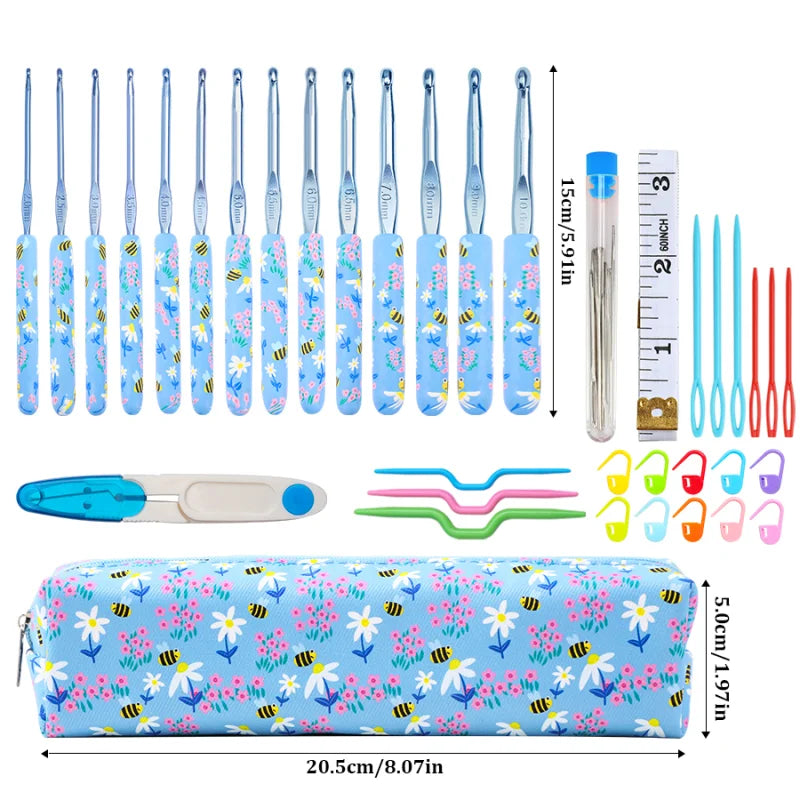 Ergonomic crochet hook set with blue bee design featuring various sizes from 2.0 to 10.0mm and a storage pouch