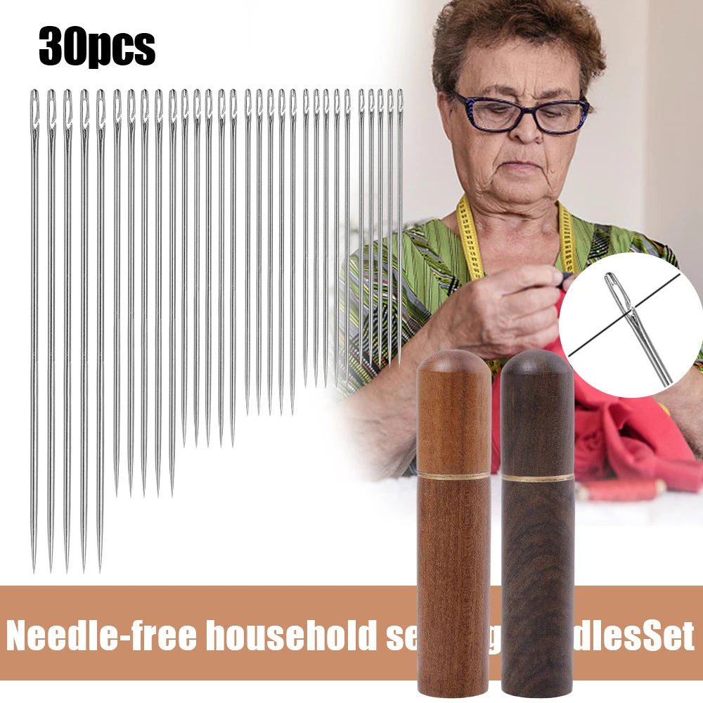 A set of 30 needle-free household sewing needles with wooden storage cylinders shown next to an elderly woman.