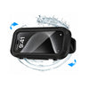 A black waterproof phone holder is shown being splashed by water, demonstrating its protection.