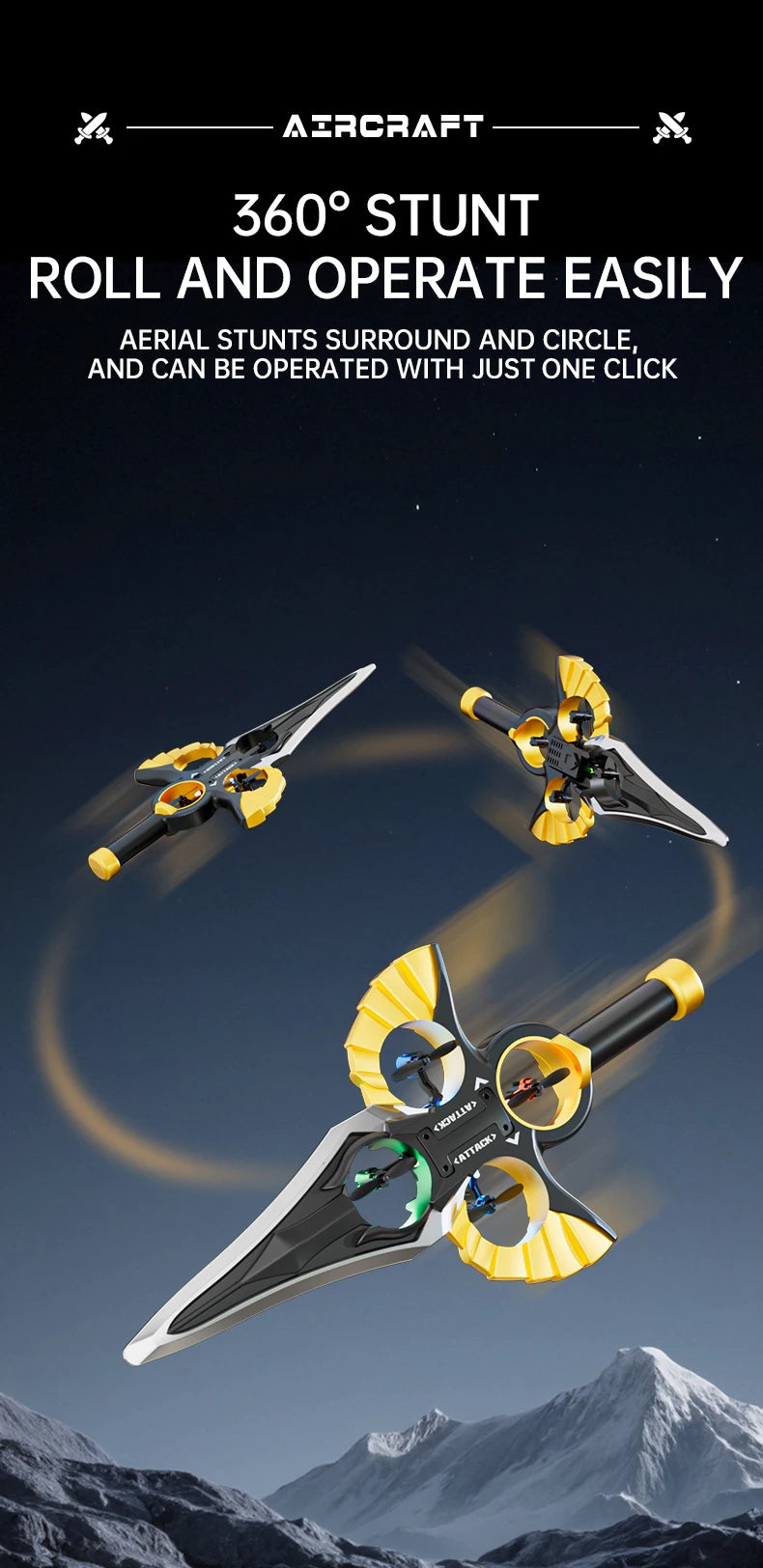 A black and yellow RC stunt aircraft is shown in flight against a mountainous background.