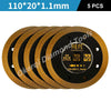 Five gold-edged diamond saw blades for cutting hard materials like tile, ceramics, and marble