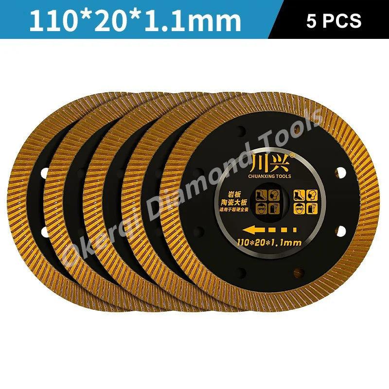 Five gold-edged diamond saw blades for cutting hard materials like tile, ceramics, and marble