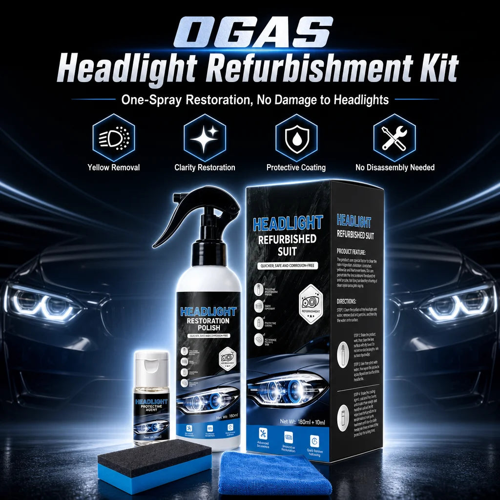 A kit for headlight refurbishment featuring a polish, coating, and suit displayed on a dark surface.