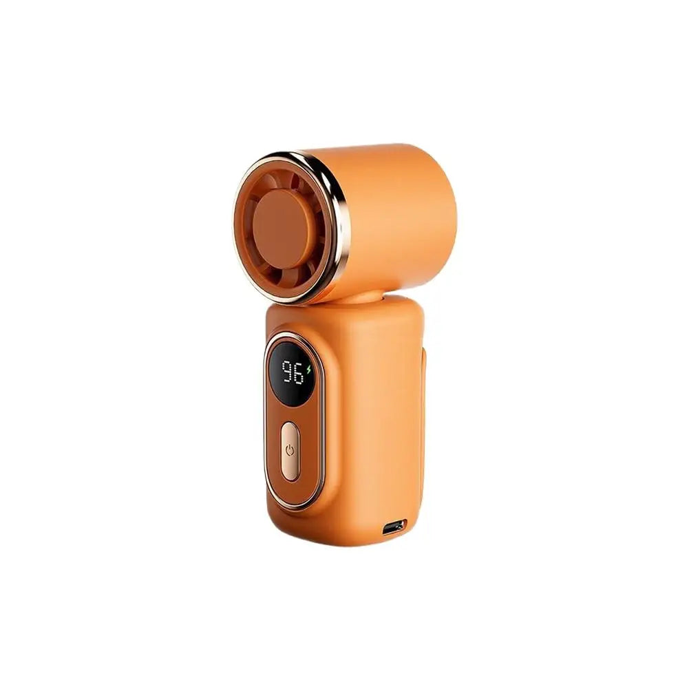 An orange rechargeable mini fan with a digital display and a rotating fan blade visible.