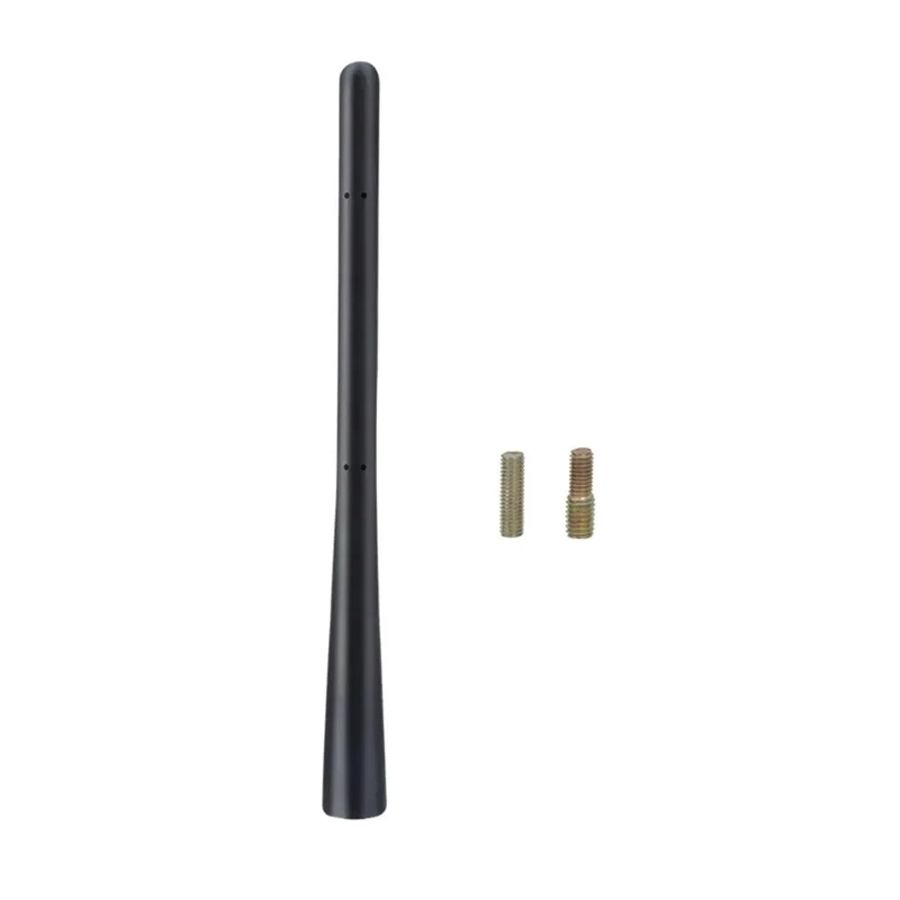 Black metal car antenna with two mounting screws.