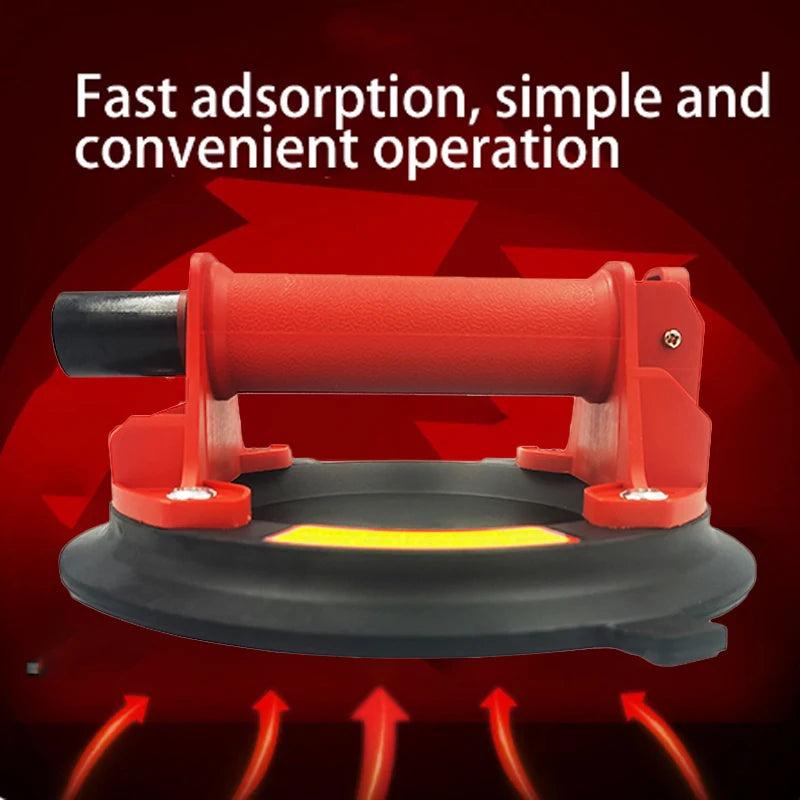 A red vacuum suction cup lifter tool is shown with an orange base, demonstrating fast adsorption for operation.