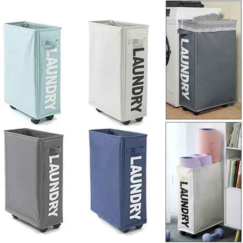 Divers paniers de rangement pour linge sur roues de différentes couleurs montrés sous différents angles et contextes.