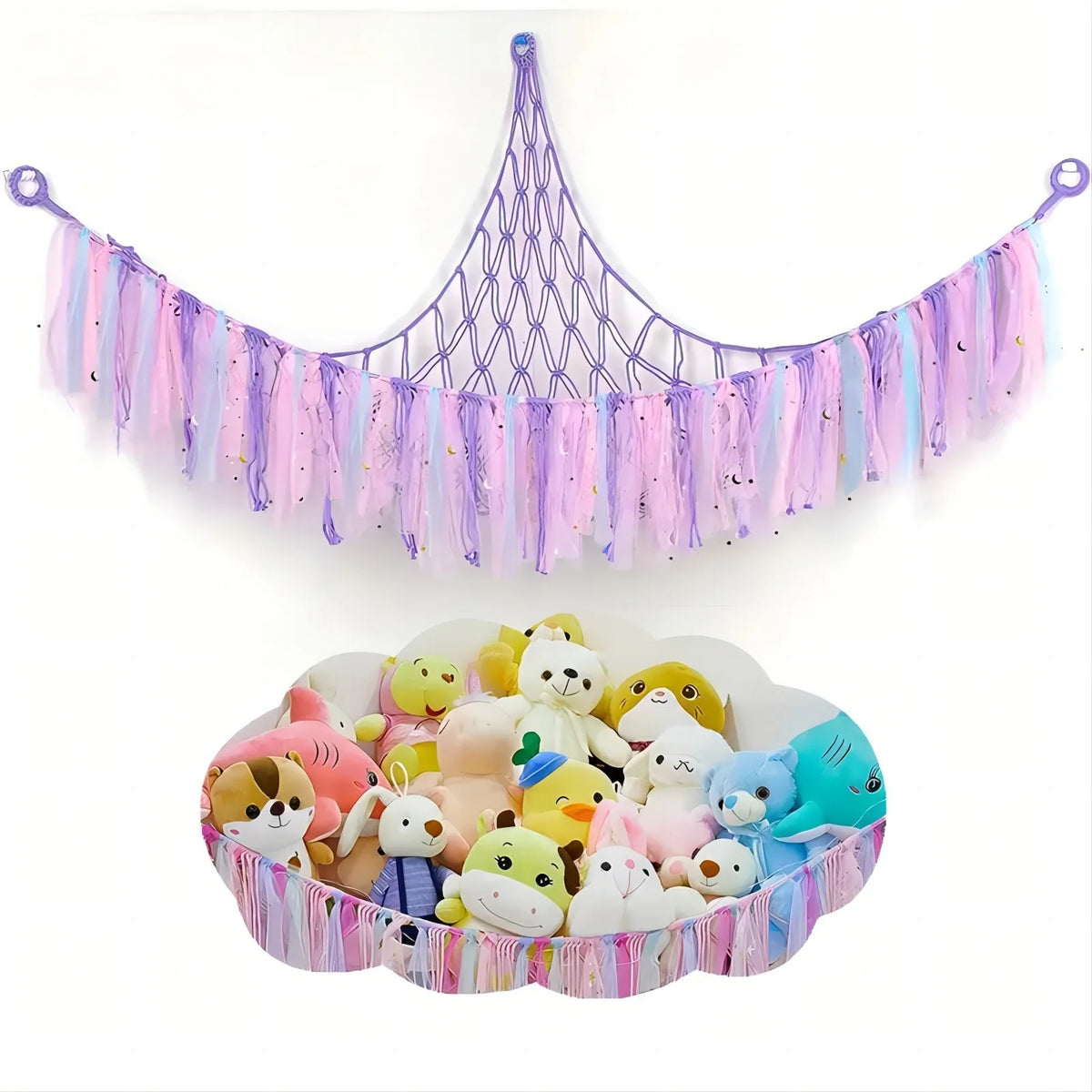 Bohemian handwoven corner toy storage net with purple and pink tassels