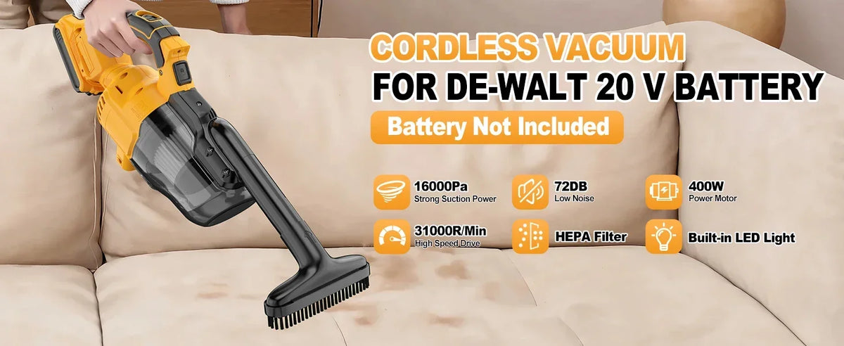 Yellow cordless vacuum cleaner for Dewalt 20V batteries with a HEPA filter and LED light shown on a sofa.
