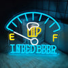 Neon sign shaped like a beer glass with the text NEED BEER glowing bright blue on a dark background