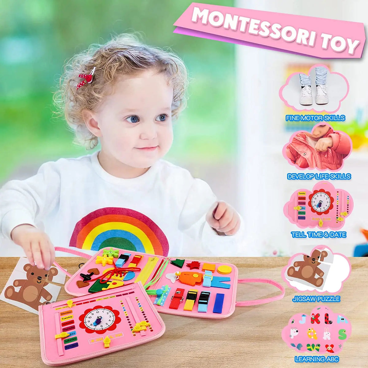 A toddler is interacting with a pink Montessori busy board featuring various sensory and learning activities.